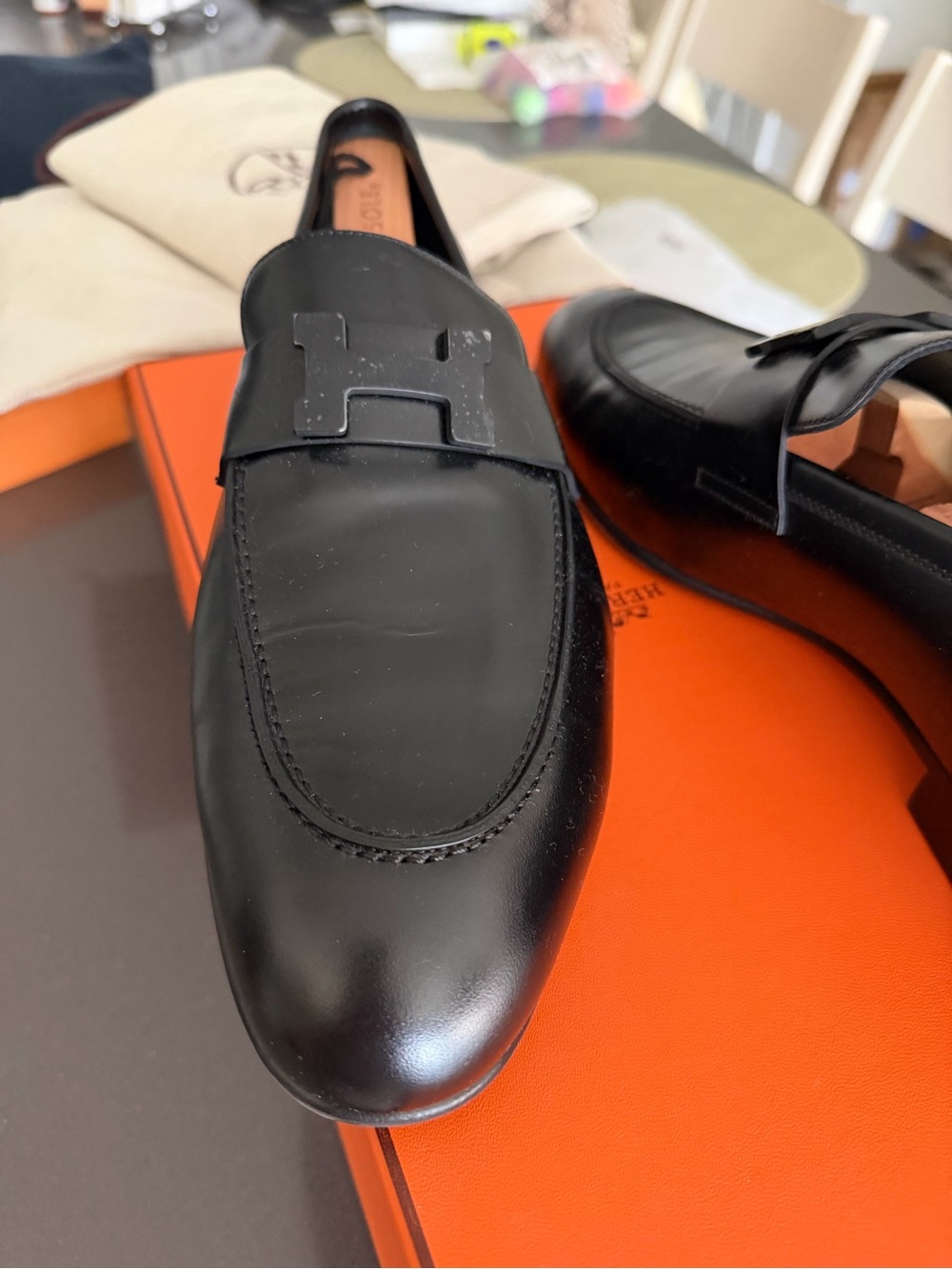 Hermes Black Leather Men's Slip-On Loafers with H Accent